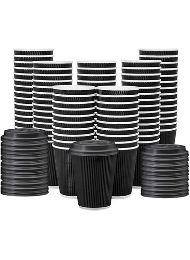 pd Pierre Donna Coffee Cup 100 PACK With Lid Prestige Pour Double Wall Ripple Coffee Cup Black with Lid Disposable 8 oz Elegance Office Black Color for Events, parties and special occasions, with Lid