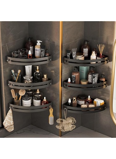 3 Pack Bathroom Shower Shelves, Self Adhesive No Drilling Bathroom Corner Shower Caddy Organizer Rack with Integral Hook, Wall Mounted Rustproof Shower Storage Baskets for Bathroom, Kitchen and Toilet