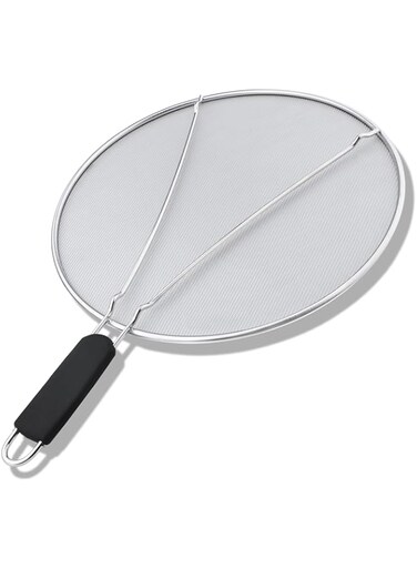 X spring Frying Pan Splatter Guard, 33cm Grease Splatter Screen for Frying Pan, Stainless Steel Fine Mesh Splatter Screen with Comfortable Grip Handle, Splatter Screen for Cooking and Keeps Kitchen