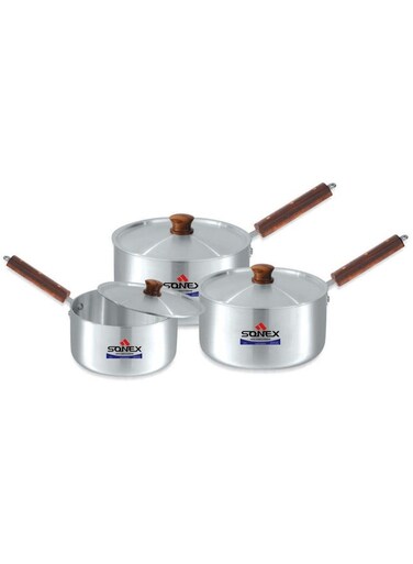 3-Piece Sauce Pot Set with Wooden Handles, High-Quality Aluminum, Durable Metal Finish, Ideal for Sauces, Soups, and Stews, Sizes 16/18.5/21 cm, Capacities 2/2.5/3 Liters