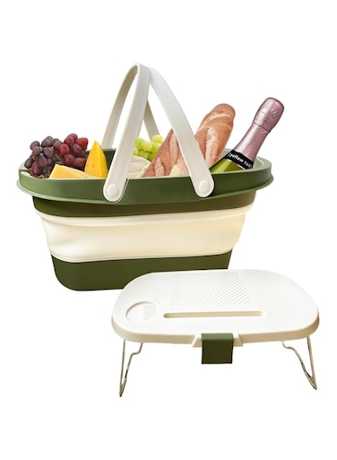 Azonee Collapsible Basket with Table, Leak-Proof Foldable Bucket, with Carry Handle Camping Picnic Basket, Multipurpose Basket for Picnic, Camping, Fishing, Trunk Organizer, Green