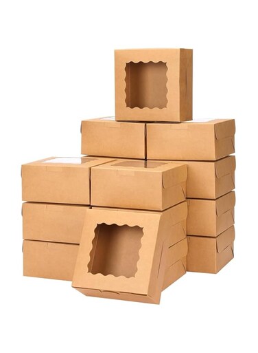 Kraft Bakery Boxes 6x6x3 Inches 15pcs with Window Small Cookie box Treat Box for Cookies, Cake, Pie, Pastry, Cupcakes