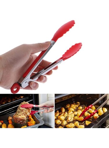 SKEIDO 2pack Silicone BBQ Grilling Tong Kitchen Cooking Salad Bread Serving Tong Non-Stick Barbecue Clip Clamp Stainless Steel Tools Gadgets (9inch+12inch)