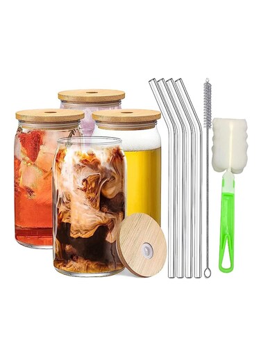 4 Pieces Glass Cups with Bamboo Lids and Glass Straw- Beer Can Shaped Drinking Glasses Set,Cute Boba Drinking Glasses 400ml
