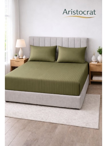3-Piece Striped Microfiber Fitted Sheet Set Super King 200x200cm &acirc;&euro;&ldquo; Soft Elastic Deep Pocket 17cm Bedsheet with 2 Pillowcases 50x70cm, Olive Microfiber Olive 200x200+17cm