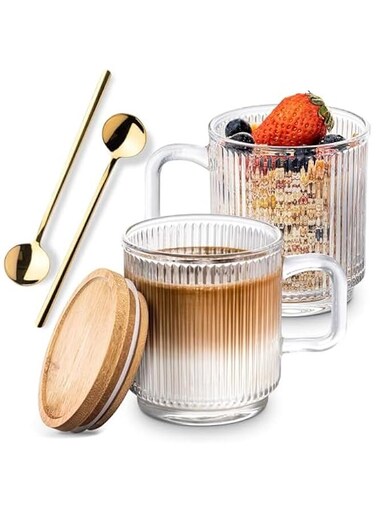 Glass Coffee Mugs, Espresso Cups Set of 2 for Coffee Bar Accessories, Clear Coffee Mug, 330ML Glass Coffee Cups with Lids and Spoon, Cute Ribbed Glassware Set for Latte, Cappuccino