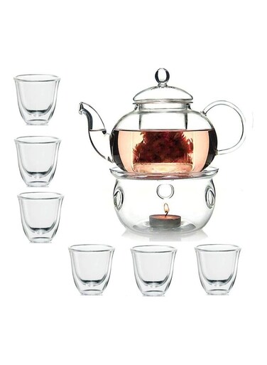 600ML Borosilicate Glass Teapot , Round Tea Warmer and 6Pcs 80 ML Turkish tea cups, Gift Set Clear 600ml