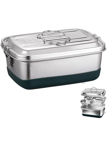 ORiTi 2000ml Bento Box, Stainless Steel Lunch Box Container 3 grids, Double Layer Metal Lunch Container Anti-skid Leak-proof For Adult Work School Portable Dishwasher Safe