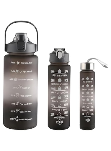 Motivational Water Bottle With Time Marker Pack of 3 - Precision-Measured Plastic Drinking Bottles 2L+900ml+300ml- BPA Free &amp; Non-Toxic- For Fitness Gym and Outdoor Sports (Color May Vary)