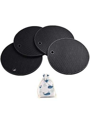 SYOSI 4 Pcs Silicone Trivets Mats, 7"X7" Heat Resistant Mat for Hot Dishes, Pots &amp; Pans, Black Silicone Heat Resistant Mat, Non-Slip, Flexible, Durable, Dishwasher Safe
