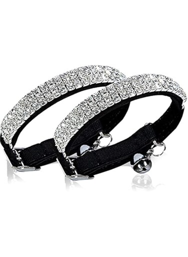 CHUKCHI Soft Velvet Safe Cat Adjustable Collar Bling Diamante with Bells,11 inch for Small Dogs and Cats (Black - 2 Pack)