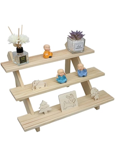 4-Tier Wooden Display Riser Stand, Decorative Retail Counter Shelf for Earrings, Figures and Merchandise, Natural (3-Tier)