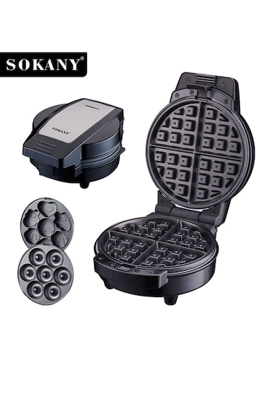 3-In-1 Non-Stick Snacks Maker with Waffle Plate/Cartoon Cake Plate/Doughnut Plate 600W Black