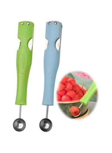 Azonee Watermelon Fork Slicer Cutter, Stainless Steel Tool for Camping Kitchen Gadgets, Fruit Cutting Fork (Blue+Green)