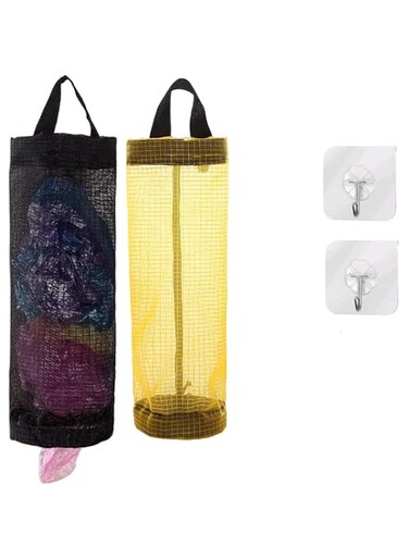 Beauenty 2 Pcs Mesh Plastic Bag Dispenser Trash Bags Storage Holder Organizer for Home Kitchen,Hanging Storage Dispensers Recycling Garbage Folding Bags with 2 Hooks (Black + yellow)