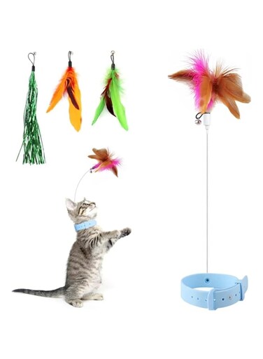 Mosucoirl Cat Feather Collar Toys, Interactive Cat Toys for Indoor Cats Teasing Wand Collar Funny Cat Toy with Bell and Replaceable 3 Feathers Refills Multiple Ways for Cats to Play (Blue)
