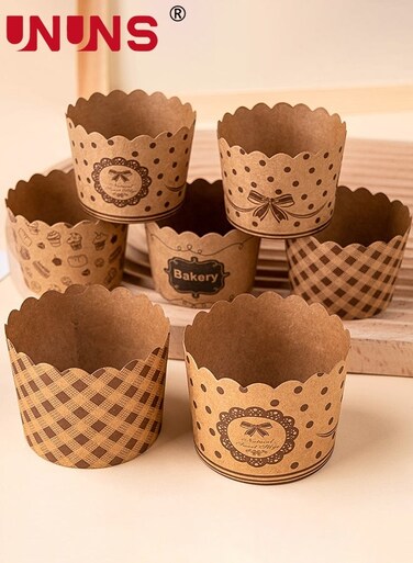Cupscake,200Pcs Paper Baking Cups,Brown Kraft Paper Muffins Liners Cupcake,Five Different Pattern Greaseproof Disposable Bulk Wrappers for Wedding Birthday Graduation