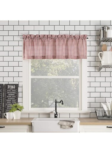 No. 918 Parkham Farmhouse Plaid Semi-Sheer Rod Pocket Kitchen Curtain Valance, 54" x 14", Red/White