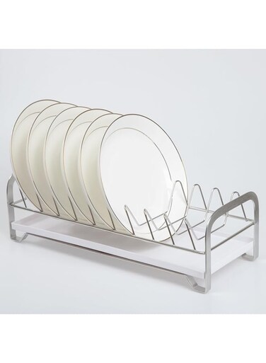 Excefore Dish Drying Rack with Drain Tray, Stainless Steel Dish Drainer, Space Saving Plate Rack Cutlery Holder, Suitable for Various Kitchenware (Single, Silvery)