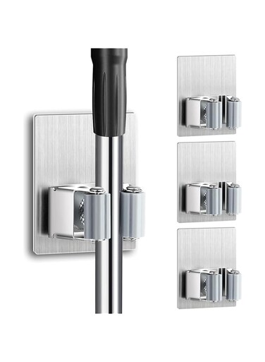 Lonimia 4 PCS Broom Holder Wall Mount - Mop Holder Self Adhesive Broom Hanger Stainless Steel for Home Garage Garden Laundry Room Storage