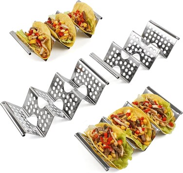 Stainless Steel Taco Holders, 4 Pack Taco Stands Hold 2 or 3 Tacos Each Easy-Access Handle Food Grade Taco Tray Oven Grill Safe BPA Free