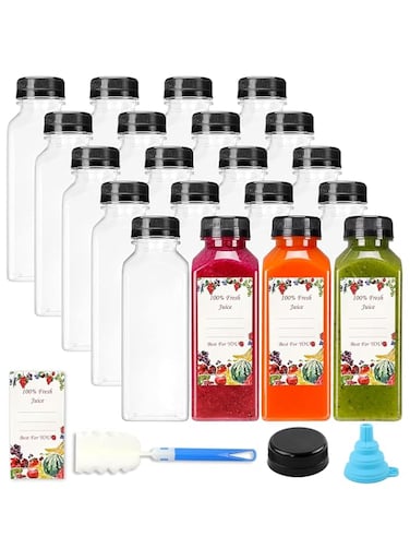 Premify 20pcs Empty Plastic Juice Bottles with Caps,12oz/350ml Reusable Juice/Milk/Water Bottles for Kids, Clear Bulk Beverage Containers with Lids, Label, Funnel and Brush for Juicing, Milk, Smoothie