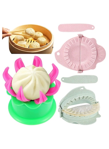 Dumpling Touch Tool, 5 Pieces Steamed Stuffed Bun Maker and Dumpling Maker Plastic Mold and Filling Spoon Cooking Tools Set for Cooking Delicious Baozi and Jiaozi (Green, Pink)