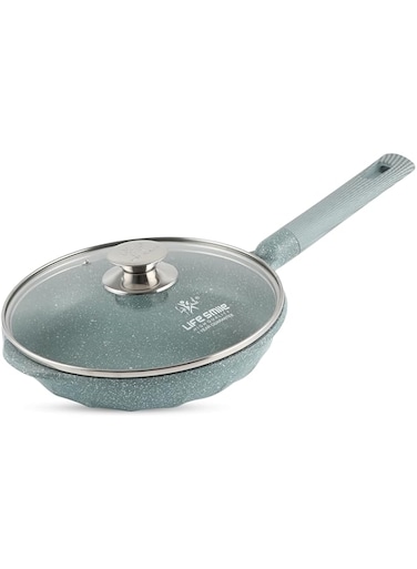 LIFE SMILE Frying Pan With Lid - Multi Layer Granite Coating Fry Pan   Non Stick, 100% PFOA FREE   Heat-Resistant Handle Hanging Loop   Induction bottom (28 CM (2.5 Liters), Cyan)