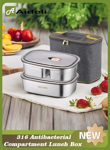 Lunch Box Set of 2, 316 Stainless Steel Bento with Storage Bag, Leakproof Airtight Containers 1.2L + 1.7L for School, Work, Picnic