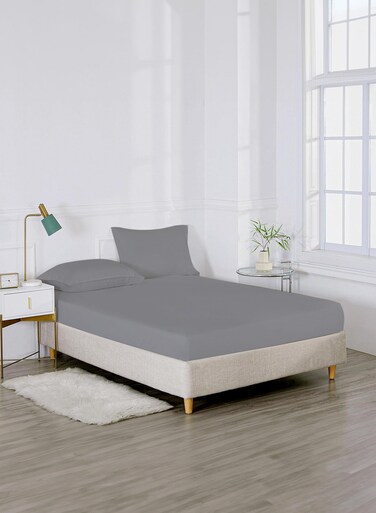 Linen King Plain Fitted Elastic Bedsheet with 2 Pillow Case 200 x 200 Cm Grey