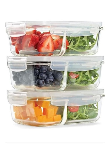 Airtight Seal, Portion Cont Divided, 3-Pack, Two Compartments, Set of 3 Locking Lids, Glass Storage, Meal Prep Containers, 3 Pack, Clear