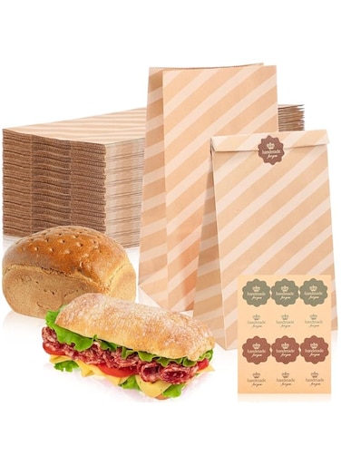 50PCS Paper Lunch Bags, 13*8*24 (CM) Bulk Brown Bags with Stickers 4.5 Lbs Kraft Paper Bags Snack Paper Bags Stripe Paper Bags Bread Bag Kraft Recyclable Paper Bags for Sandwich Candy Party Wrapping