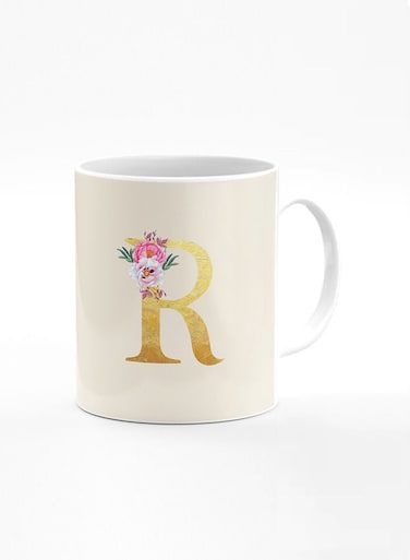 Designer Printed Coffee Mug 11oz Ceramic Personalised Gift Mugs Cup -Custom Monogram Initial Letter Floral Pattern Alphabet - R (Albescent White)