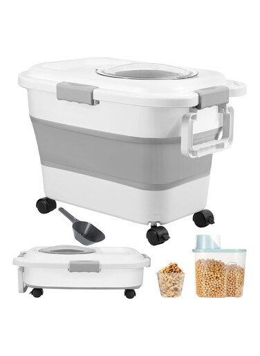 Foldable Rice Storage Containers, 20-30 Lbs Collapsible Dog Food Storage Container, Bin Dispenser with Rolling Wheel and Clear Airtight Lid, Cereal and Dog Cat Pet food Containers BPA Free (grey)