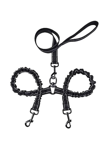 Khazna Dog Double Leashes，Shock Absorbing Reflective Bungee Nylon Dog Leashes，360 Swivel No Tangle Two Dog Lead Splitter，Black