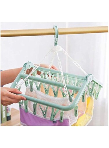 JANNAH Hanging Clothes Pin 32 Clip Folding Laundry Rack Multifunctional Windproof Clothes Underwear Socks Hanger [Green]