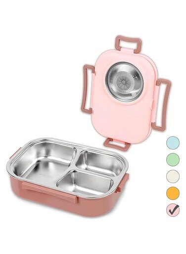 YHRY Stainless Steel Bento Lunch Box for Kids and Adults, Stackable BPA-Free Food Containers with 3 Compartments and Reusable Sauce Bowl (1000ml/34oz, Pink)