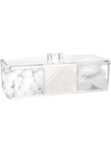 Square Qtip Holder Dispenser, 3 Compartments Cotton Ball Holder, Bathroom Canisters for Swab, Ball, Pad Organizer, Clear Acrylic Containers with Lid Vanity Countertop Rectangle and Swab Organizer