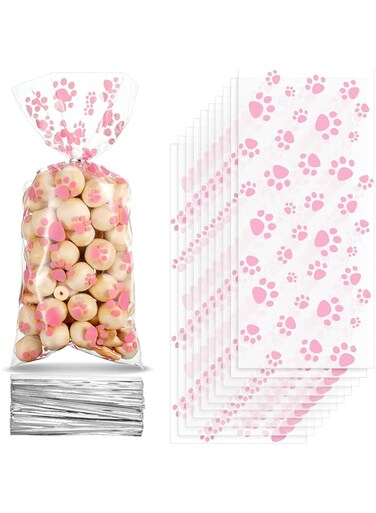 Blulu 100 Pieces Pet Paw Cone Cellophane Bags Heat Sealable Candy Dog Paw Gift Cat Treat Bags with 100 Pieces Silver Twist Ties for Pet Treat Party Favor(Pink)