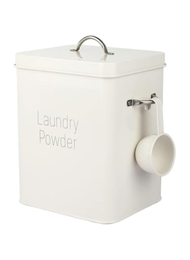 Alipis Farmhouse Laundry Powder Container Metal Laundry Soap Dispenser Detergent Bin with Scoop Laundry Powder Storage Canister for Laundry Room White
