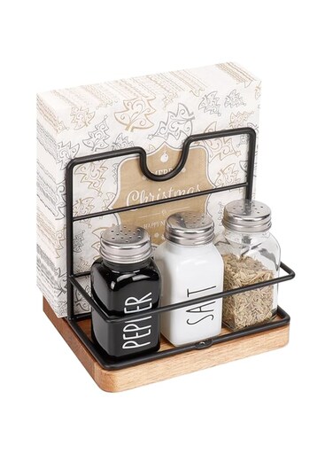 Livabber Napkin Holder, Metal Napkin Holder with Salt and Pepper Shakers Caddy Modern Napkin Dispenser for Table Kitchen Countertop, Not Including Salt and Pepper Shakers (Middle Wooden, Black)
