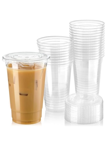 Fit Meal Prep [50 Pack] 20 oz BPA Free Clear Plastic Cups With Flat Slotted Lids for Iced Cold Drinks Coffee Tea Smoothie Bubble Boba, Best Cups for Beer Disposable and Eco-Freindly