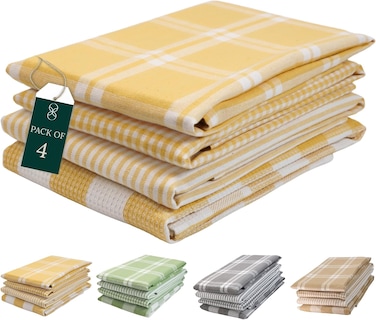Cloud Scape Linen Kitchen Towels Set - Pack of 4, Multiweave 100% Cotton Kitchen Towels - 71x46 cm - Highly Absorbent and Quick Dry Dish Towels, Perfect Kitchen Hand Towels, Yellow