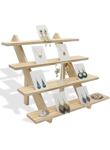 Auroal 4 Tier Earring Display Stands for Selling, Retail Display Riser Earring, Ring Holder Stand, Removable Countertop Small Merchandise Display Stand, for Figures,Cupcake, Photo (Wood Color)