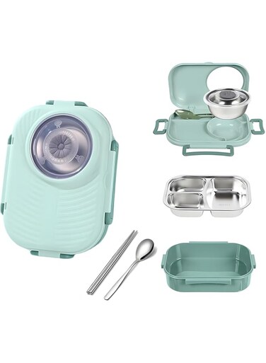 Joyzzz Stainless Steel Lunch Box, Cute Camera-Shape Portable Insulation Lunch Box with Soup Jar, 1000ml Bento Lunch Box Container with Spoon and Chopsticks, Suitable for Children, Adults (Blue)