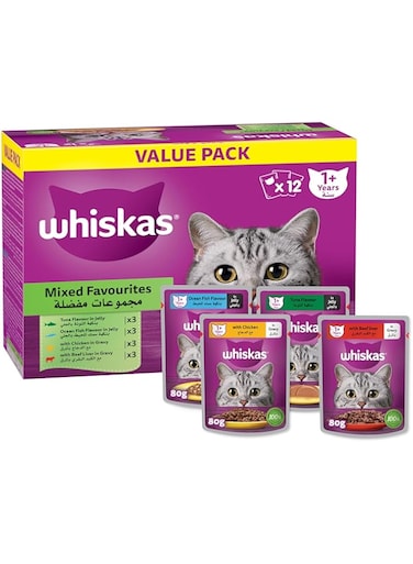 Whiskas Mixed Favorites Wet Cat Food Pack of 12x80g, Chicken, Tuna, Oceanfish, and Beef Liver Wet Food Pouches
