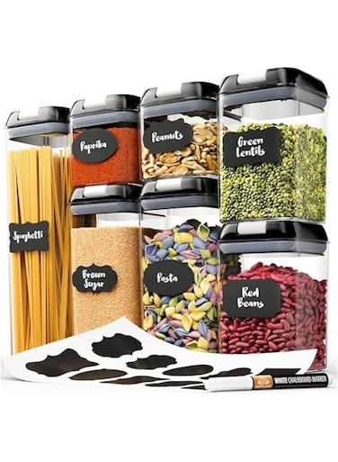 Set of 7 Airtight Food Storage Containers for Kitchen Storage - Clear Plastic - Durable Strong Lids - Labels and Chalk Marker