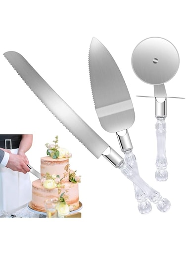 AXIYIBZI 3 Pcs Cake knife and Server Set, Cake Cutting Set with Pizza Cutter Wheel, Cake Serving Set for Wedding Cake, Birthdays, Anniversaries