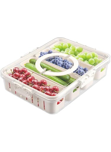 Longzhuo Refrigerator Crisper Box with Lid, Divided Serving Tray Serving Platter with 4 Removable Compartment Box, Reusable Serving Platters Bowls with Drainage Function for Home Kitchen