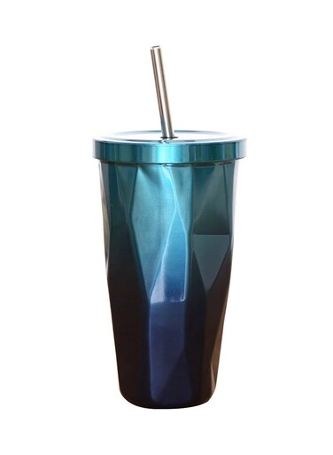 Steel Double Wall Tumbler With Straw And Lid Blue 10.2 x10.2x18centimeter